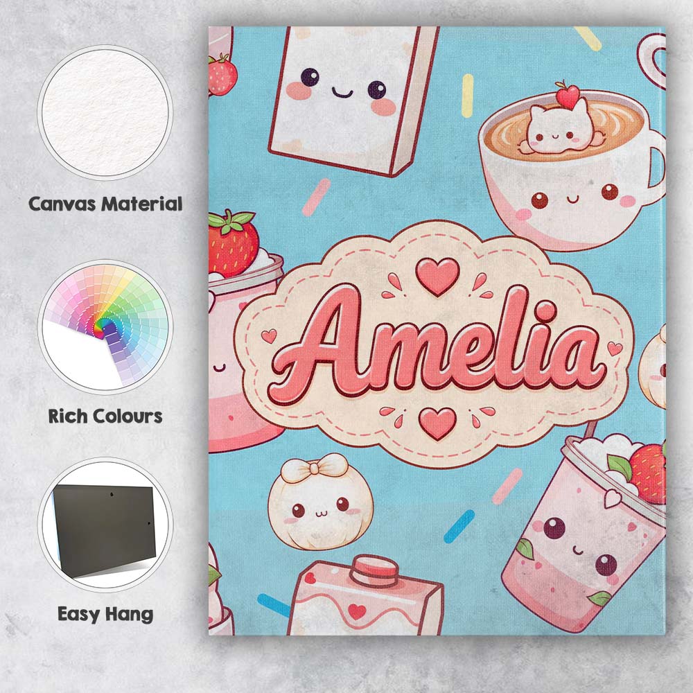 Personalised Name Cute Kawaii Strawberry Custom  Unique Gift Idea Elegant Feature Canvas Wall Art Print Decor Picture Ready to Hang