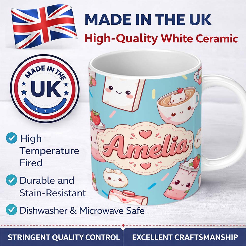 Personalized Custom Name Cute Kawaii Strawberry Drinks and Cat Cups on Blue Background 11oz Ceramic Coffee Tea Mug White Large Handle