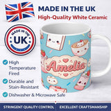 Personalized Custom Name Cute Kawaii Strawberry Drinks and Cat Cups on Blue Background 11oz Ceramic Coffee Tea Mug White Large Handle