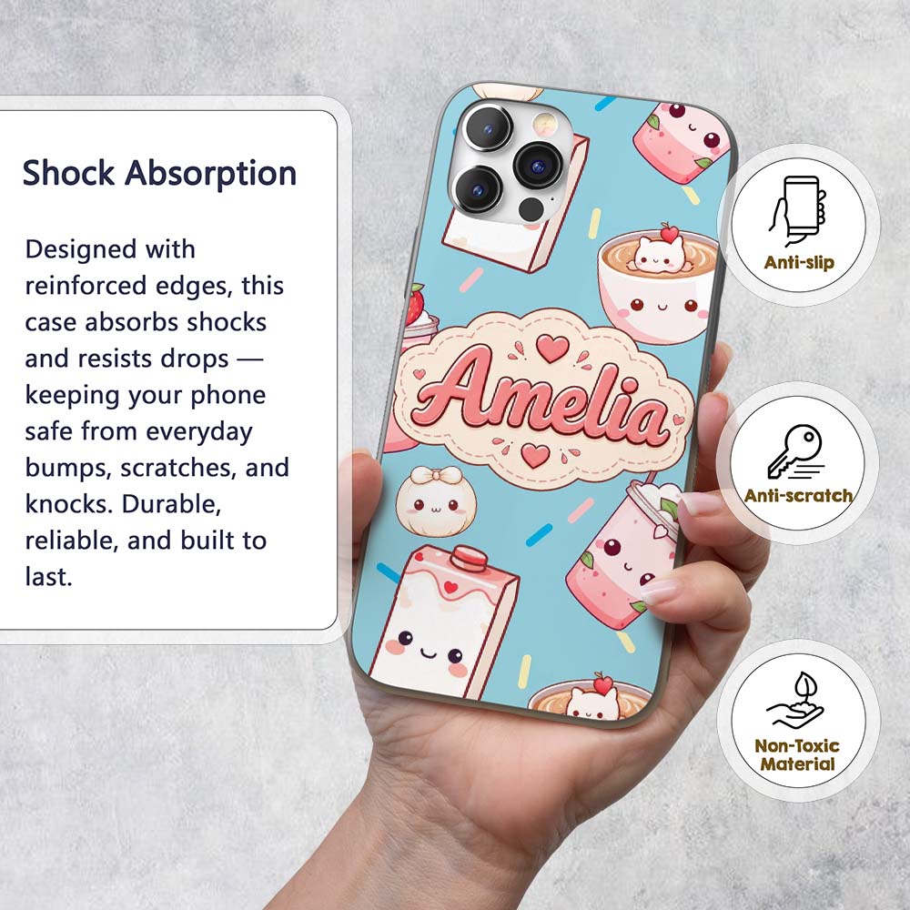 Cute Kawaii Strawberry Drinks and Cat Cups on Custom Name Protective Phone Case Mobile Cover Durable Everyday Smartphone Shock Resistant