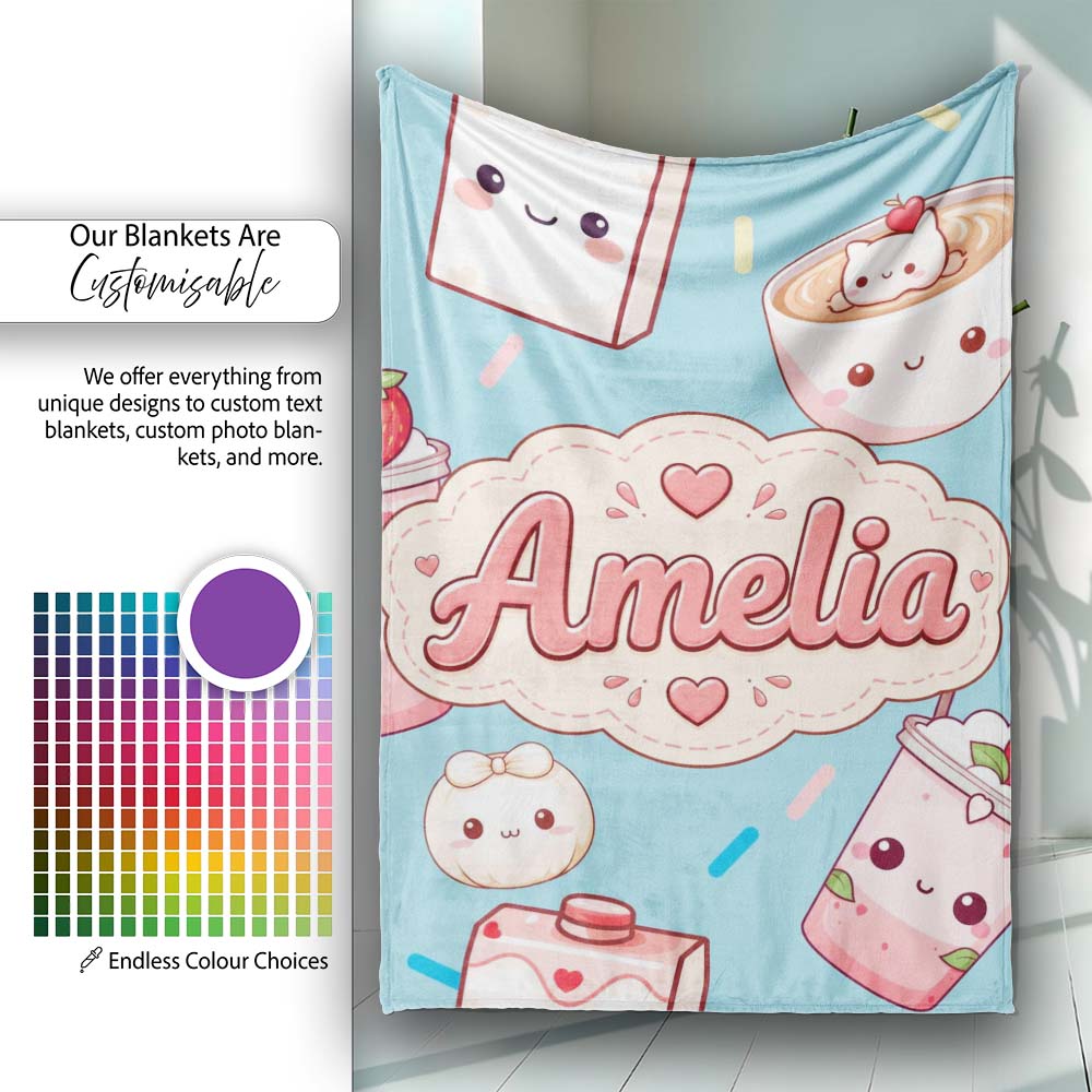 Cute Kawaii Strawberry Drinks and Cat Cups on Blue Background  Personalised Custom Name Super Soft Fleece Blanket Bed Sofa Throw