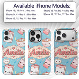 Cute Kawaii Strawberry Drinks and Cat Cups on Custom Name Protective Phone Case Mobile Cover Durable Everyday Smartphone Shock Resistant