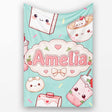 Cute Kawaii Strawberry Drinks and Cat Cups on Teal Background  Personalised Custom Name Super Soft Fleece Blanket Bed Sofa Throw
