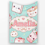 Cute Kawaii Strawberry Drinks and Cat Cups on Teal Background  Personalised Custom Name Super Soft Fleece Blanket Bed Sofa Throw