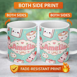 Personalized Custom Name Cute Kawaii Strawberry Drinks and Cat Cups on Teal Background 11oz Ceramic Coffee Tea Mug White Large Handle