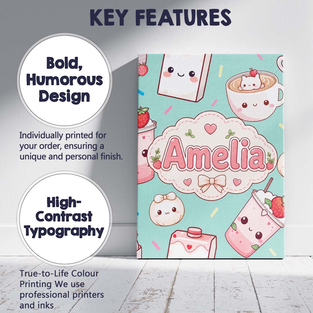 Personalised Name Cute Kawaii Strawberry Custom  Unique Gift Idea Elegant Feature Canvas Wall Art Print Decor Picture Ready to Hang
