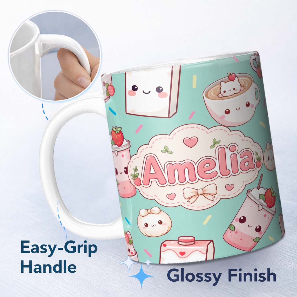 Personalized Custom Name Cute Kawaii Strawberry Drinks and Cat Cups on Teal Background 11oz Ceramic Coffee Tea Mug White Large Handle