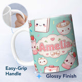 Personalized Custom Name Cute Kawaii Strawberry Drinks and Cat Cups on Teal Background 11oz Ceramic Coffee Tea Mug White Large Handle