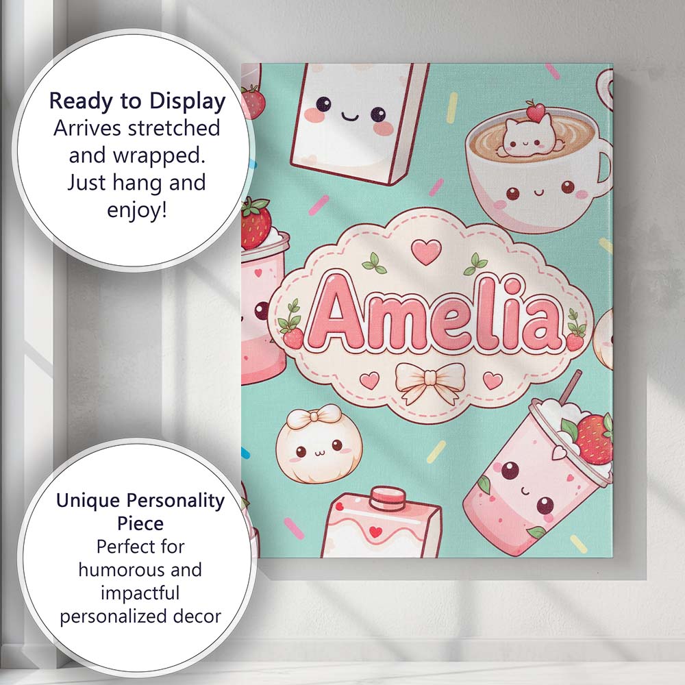 Personalised Name Cute Kawaii Strawberry Custom  Unique Gift Idea Elegant Feature Canvas Wall Art Print Decor Picture Ready to Hang