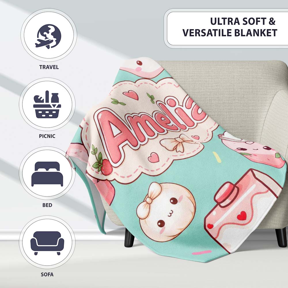 Cute Kawaii Strawberry Drinks and Cat Cups on Teal Background  Personalised Custom Name Super Soft Fleece Blanket Bed Sofa Throw