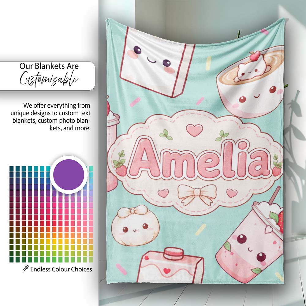 Cute Kawaii Strawberry Drinks and Cat Cups on Teal Background  Personalised Custom Name Super Soft Fleece Blanket Bed Sofa Throw