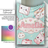 Cute Kawaii Strawberry Drinks and Cat Cups on Teal Background  Personalised Custom Name Super Soft Fleece Blanket Bed Sofa Throw