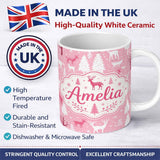 Personalized Custom Name Cute Pink Winter Forest Deer Tree Seamless Pattern Cute Unique Gift 11oz Ceramic Coffee Tea Mug White Large Handle
