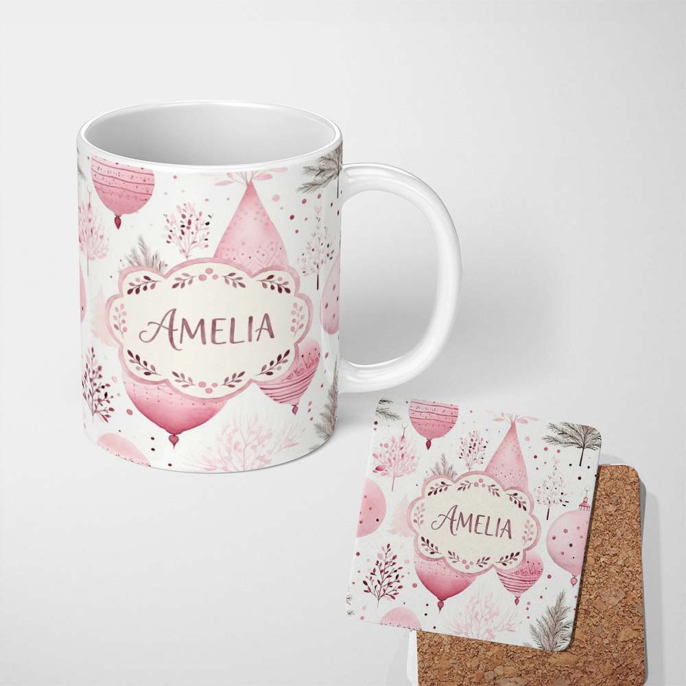 Personalized Custom Name Watercolor Pink Christmas Bauble Ornament Botanical Seamless Pattern 11oz Ceramic Coffee Tea Mug White Large Handle