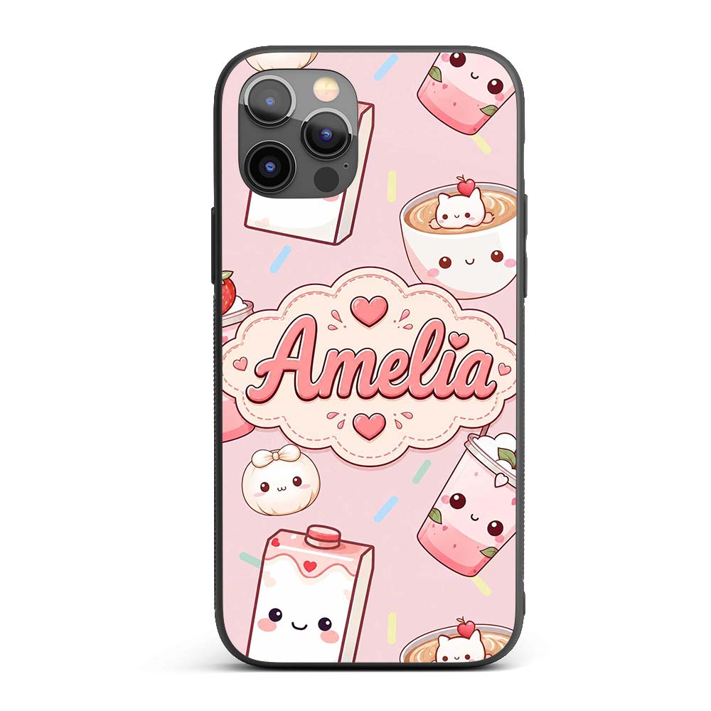 Kawaii Strawberry Drinks and Cat Cups on Light Custom Name Protective Phone Case Mobile Cover Durable Everyday Smartphone Shock Resistant