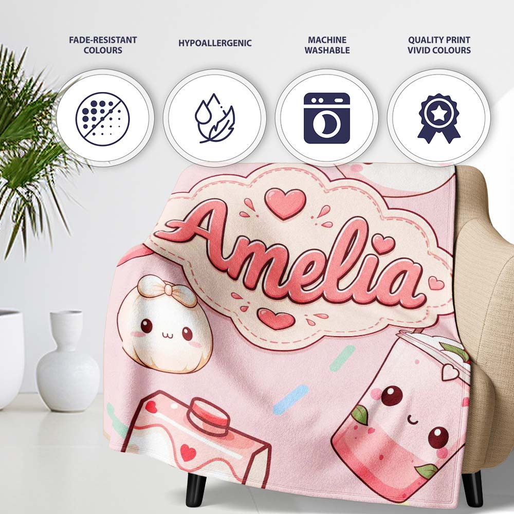 Kawaii Strawberry Drinks and Cat Cups on Light Pink Seamless  Personalised Custom Name Super Soft Fleece Blanket Bed Sofa Throw