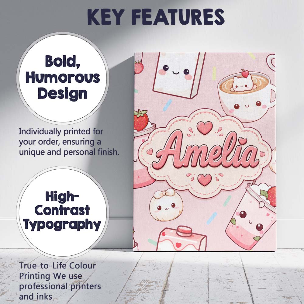 Personalised Name Kawaii Strawberry Drinks Custom  Unique Gift Idea Elegant Feature Canvas Wall Art Print Decor Picture Ready to Hang