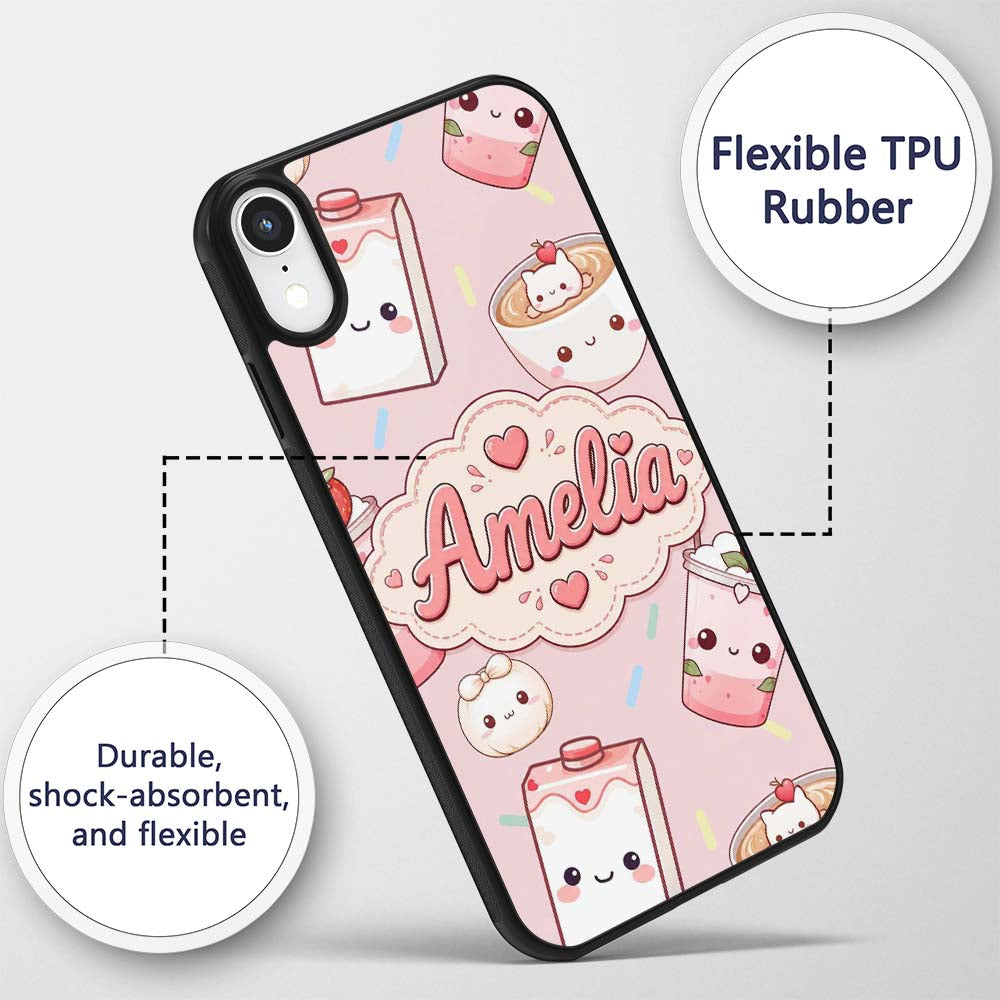 Kawaii Strawberry Drinks and Cat Cups on Light Custom Name Protective Phone Case Mobile Cover Durable Everyday Smartphone Shock Resistant