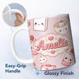 Personalized Custom Name Kawaii Strawberry Drinks and Cat Cups on Light Pink Seamless 11oz Ceramic Coffee Tea Mug White Large Handle
