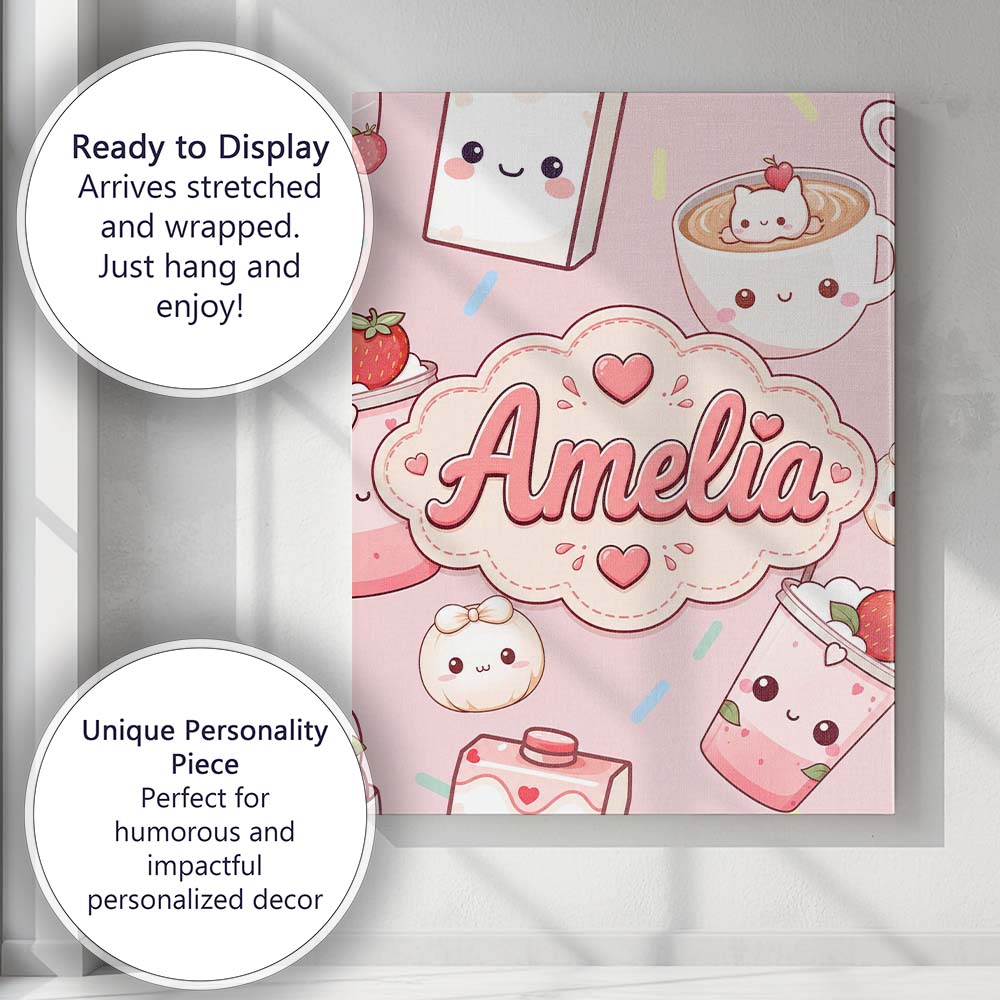 Personalised Name Kawaii Strawberry Drinks Custom  Unique Gift Idea Elegant Feature Canvas Wall Art Print Decor Picture Ready to Hang