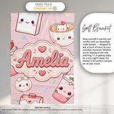 Kawaii Strawberry Drinks and Cat Cups on Light Pink Seamless  Personalised Custom Name Super Soft Fleece Blanket Bed Sofa Throw