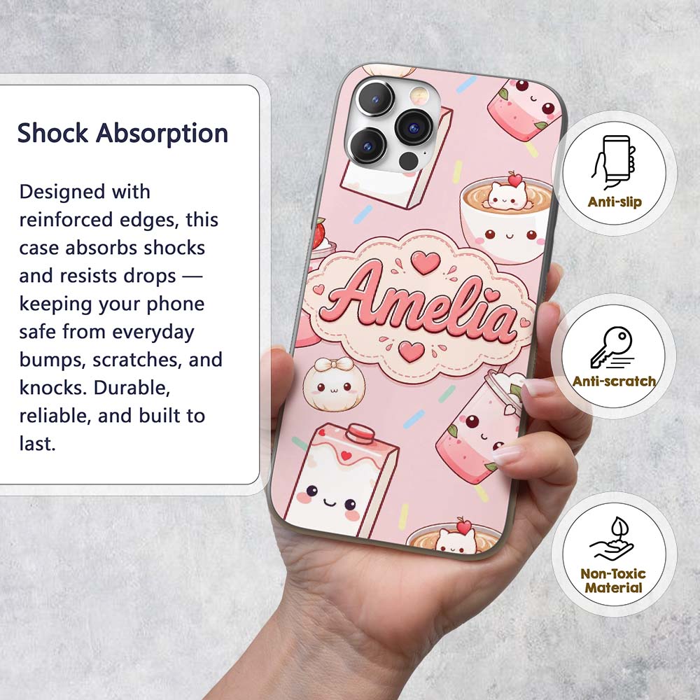 Kawaii Strawberry Drinks and Cat Cups on Light Custom Name Protective Phone Case Mobile Cover Durable Everyday Smartphone Shock Resistant