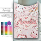 Kawaii Strawberry Drinks and Cat Cups on Light Pink Seamless  Personalised Custom Name Super Soft Fleece Blanket Bed Sofa Throw