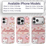 Kawaii Strawberry Drinks and Cat Cups on Light Custom Name Protective Phone Case Mobile Cover Durable Everyday Smartphone Shock Resistant