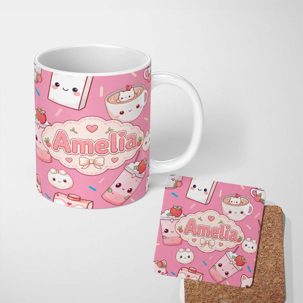 Personalized Custom Name Cute Kawaii Strawberry Drinks and Cat Cups on Pink Background 11oz Ceramic Coffee Tea Mug White Large Handle