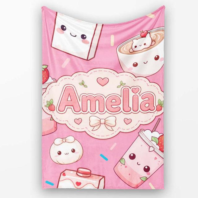 Cute Kawaii Strawberry Drinks and Cat Cups on Pink Background  Personalised Custom Name Super Soft Fleece Blanket Bed Sofa Throw