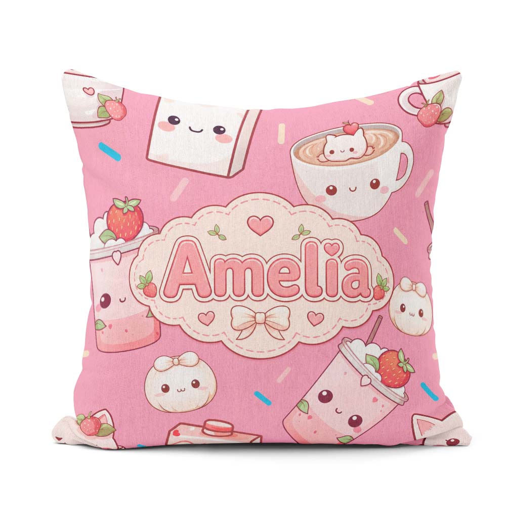 Custom Name Cute Kawaii Strawberry Drinks and Cat Cups on Pink Square Filled Cushion Throw Pillow Sofa Bed Home Decor Zip Washable UK Made