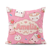 Custom Name Cute Kawaii Strawberry Drinks and Cat Cups on Pink Square Filled Cushion Throw Pillow Sofa Bed Home Decor Zip Washable UK Made