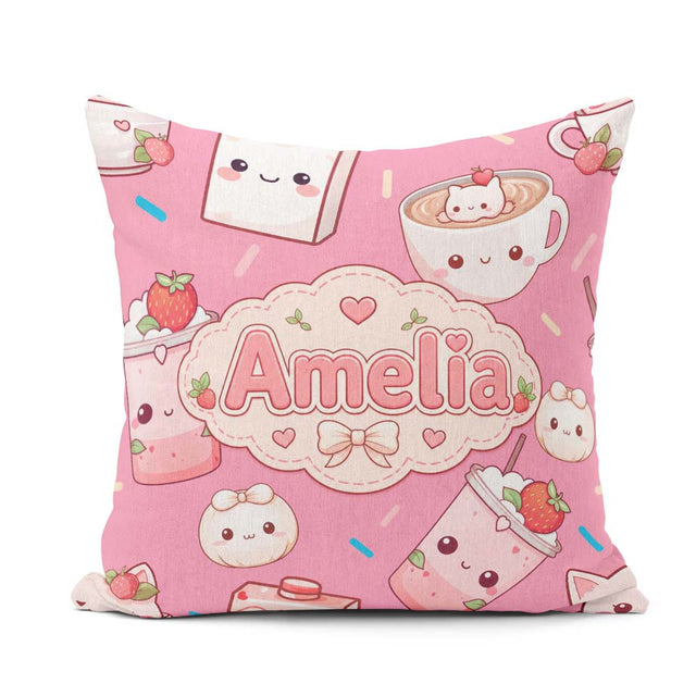 Custom Name Cute Kawaii Strawberry Drinks and Cat Cups on Pink Square Filled Cushion Throw Pillow Sofa Bed Home Decor Zip Washable UK Made
