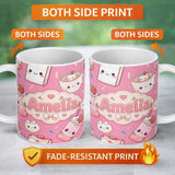 Personalized Custom Name Cute Kawaii Strawberry Drinks and Cat Cups on Pink Background 11oz Ceramic Coffee Tea Mug White Large Handle