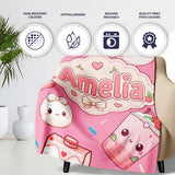 Cute Kawaii Strawberry Drinks and Cat Cups on Pink Background  Personalised Custom Name Super Soft Fleece Blanket Bed Sofa Throw