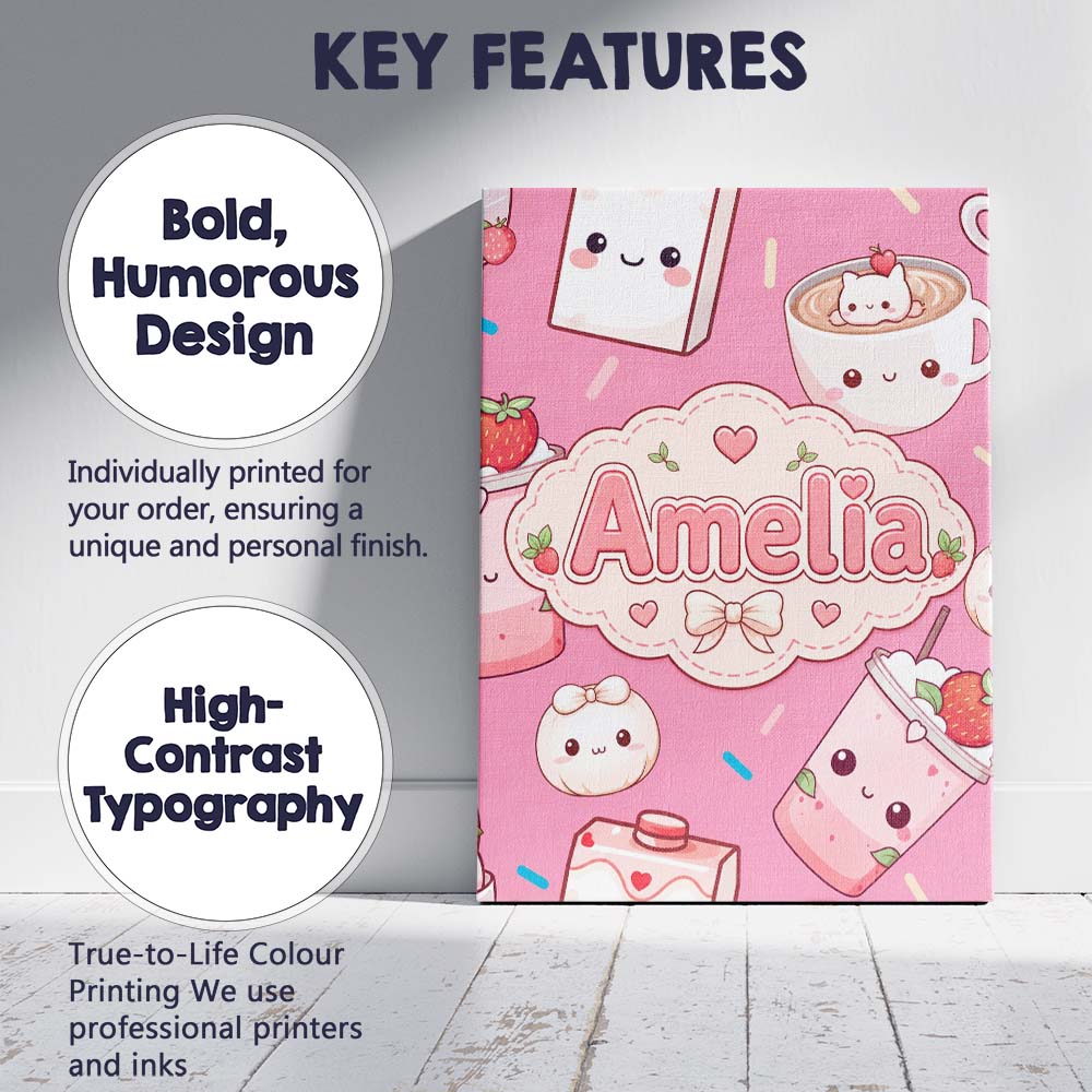 Personalised Name Cute Kawaii Strawberry Custom  Unique Gift Idea Elegant Feature Canvas Wall Art Print Decor Picture Ready to Hang