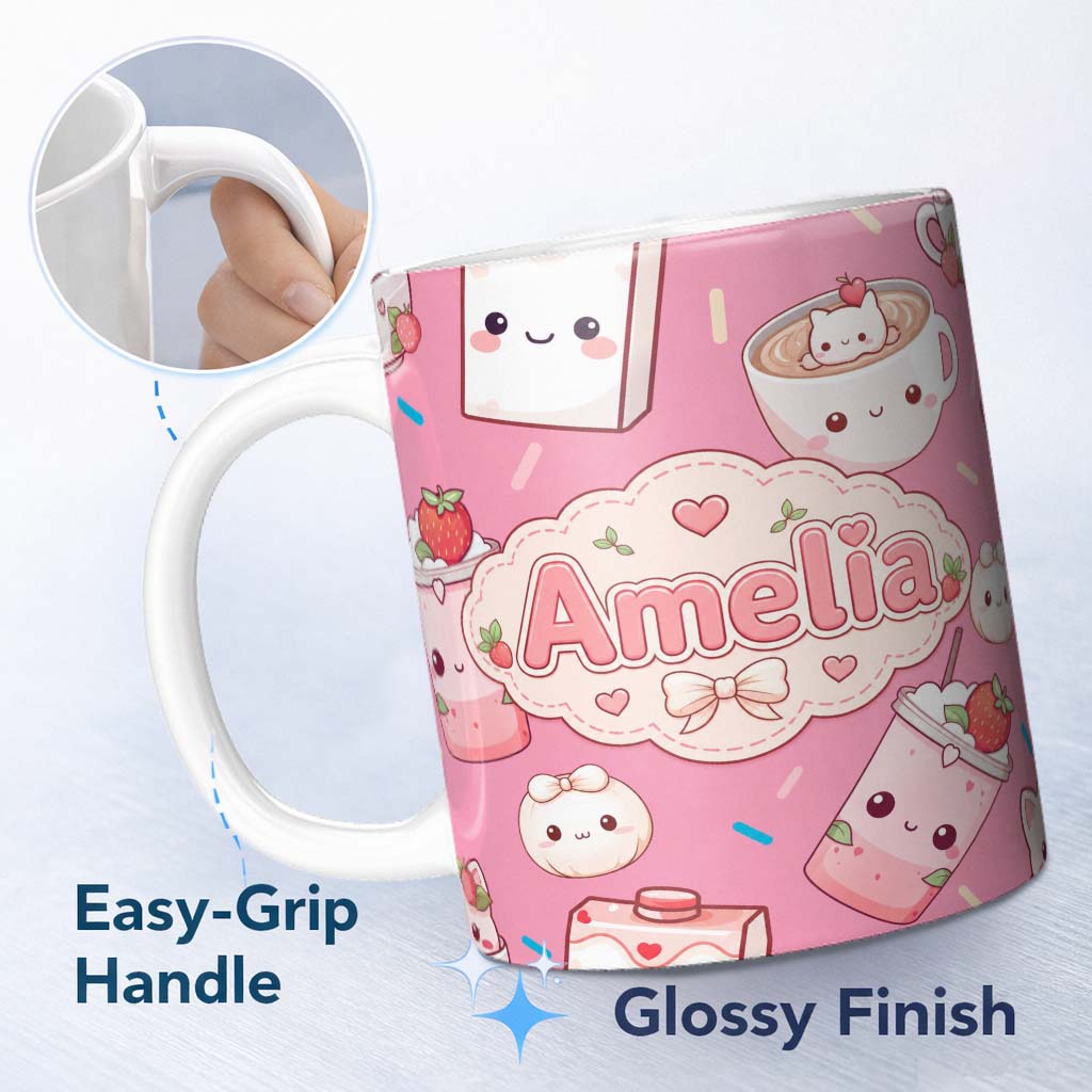 Personalized Custom Name Cute Kawaii Strawberry Drinks and Cat Cups on Pink Background 11oz Ceramic Coffee Tea Mug White Large Handle