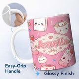 Personalized Custom Name Cute Kawaii Strawberry Drinks and Cat Cups on Pink Background 11oz Ceramic Coffee Tea Mug White Large Handle