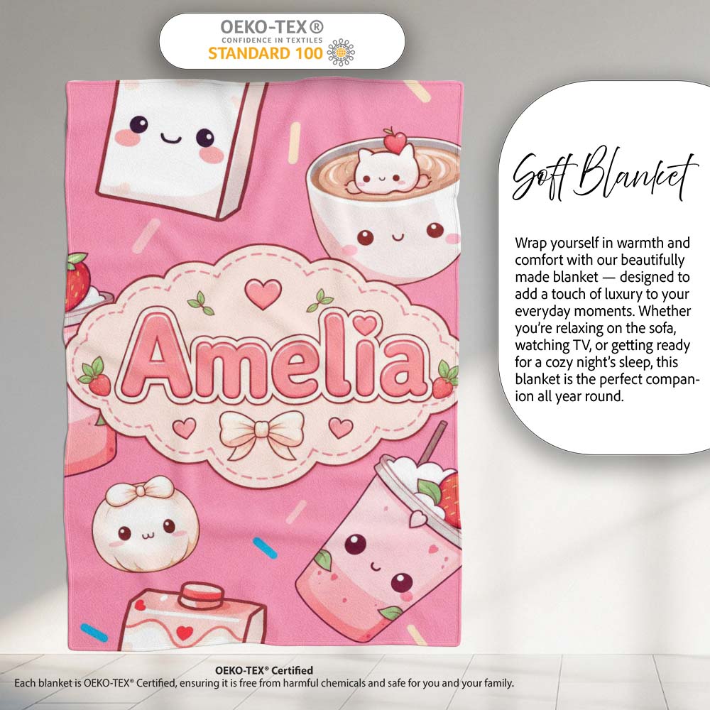 Cute Kawaii Strawberry Drinks and Cat Cups on Pink Background  Personalised Custom Name Super Soft Fleece Blanket Bed Sofa Throw
