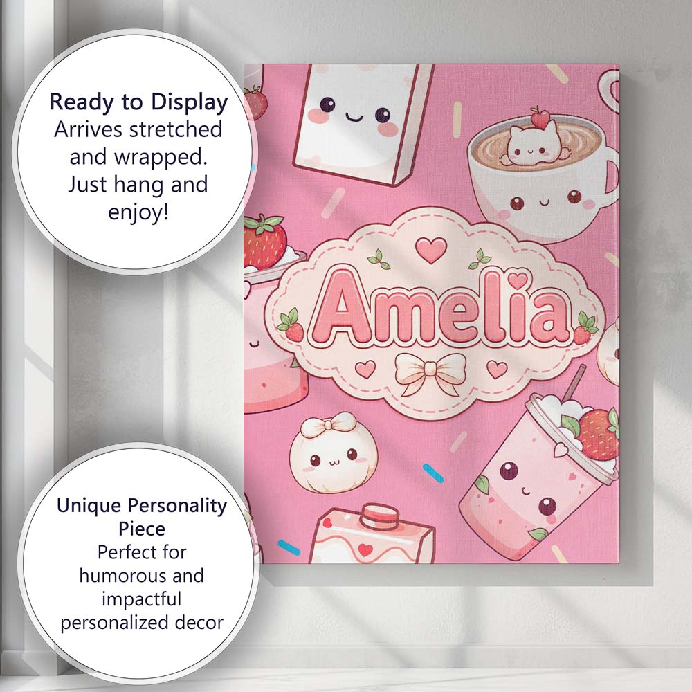 Personalised Name Cute Kawaii Strawberry Custom  Unique Gift Idea Elegant Feature Canvas Wall Art Print Decor Picture Ready to Hang