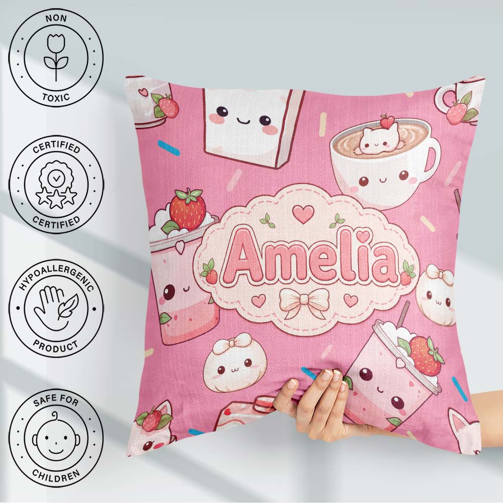 Custom Name Cute Kawaii Strawberry Drinks and Cat Cups on Pink Square Filled Cushion Throw Pillow Sofa Bed Home Decor Zip Washable UK Made