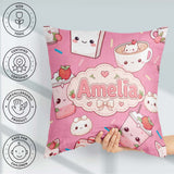 Custom Name Cute Kawaii Strawberry Drinks and Cat Cups on Pink Square Filled Cushion Throw Pillow Sofa Bed Home Decor Zip Washable UK Made
