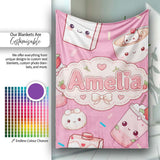 Cute Kawaii Strawberry Drinks and Cat Cups on Pink Background  Personalised Custom Name Super Soft Fleece Blanket Bed Sofa Throw