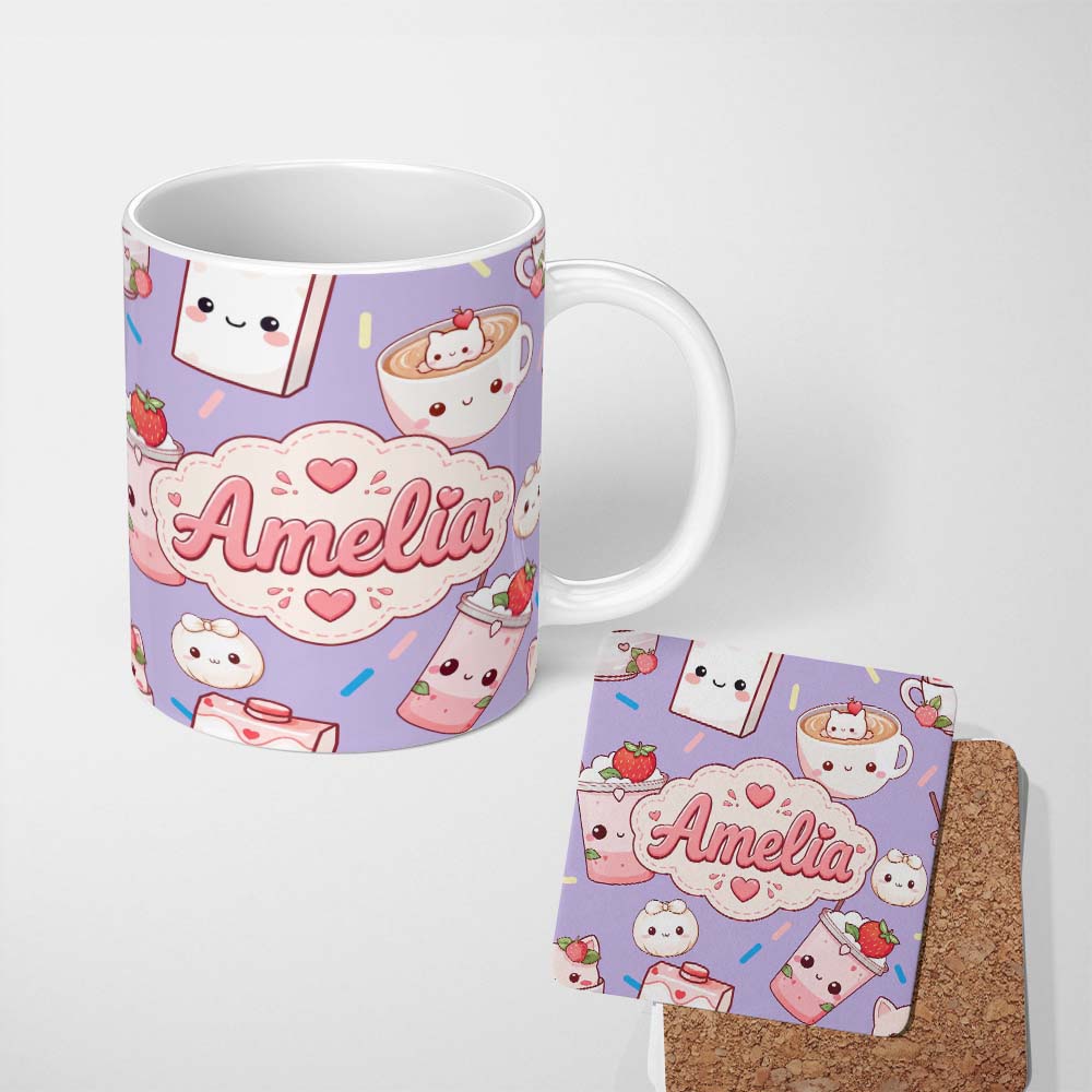 Personalized Custom Name Kawaii Strawberry Drinks and Cat Cups on Purple Seamless Pattern 11oz Ceramic Coffee Tea Mug White Large Handle