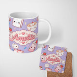 Personalized Custom Name Kawaii Strawberry Drinks and Cat Cups on Purple Seamless Pattern 11oz Ceramic Coffee Tea Mug White Large Handle