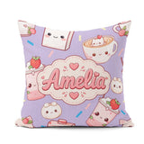 Custom Name Kawaii Strawberry Drinks and Cups on Purple Seamless Square Filled Cushion Throw Pillow Sofa Bed Home Decor Zip Washable UK Made