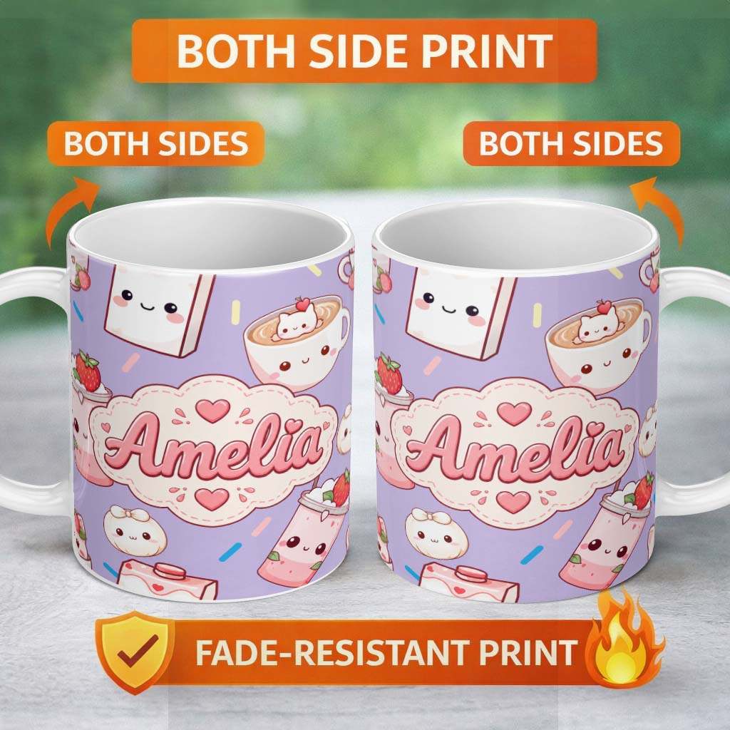 Personalized Custom Name Kawaii Strawberry Drinks and Cat Cups on Purple Seamless Pattern 11oz Ceramic Coffee Tea Mug White Large Handle