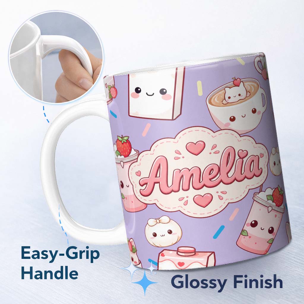 Personalized Custom Name Kawaii Strawberry Drinks and Cat Cups on Purple Seamless Pattern 11oz Ceramic Coffee Tea Mug White Large Handle
