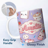 Personalized Custom Name Kawaii Strawberry Drinks and Cat Cups on Purple Seamless Pattern 11oz Ceramic Coffee Tea Mug White Large Handle