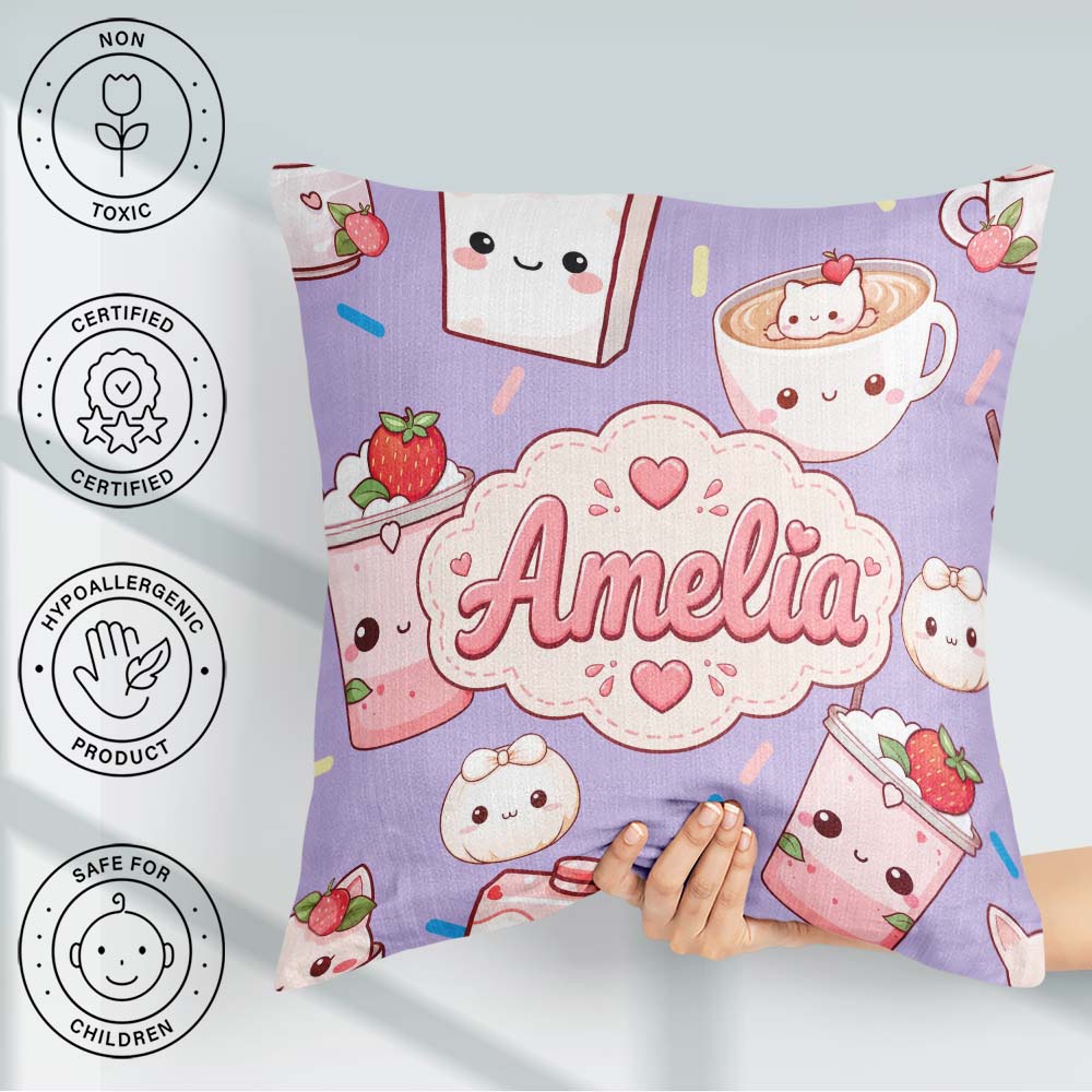 Custom Name Kawaii Strawberry Drinks and Cups on Purple Seamless Square Filled Cushion Throw Pillow Sofa Bed Home Decor Zip Washable UK Made